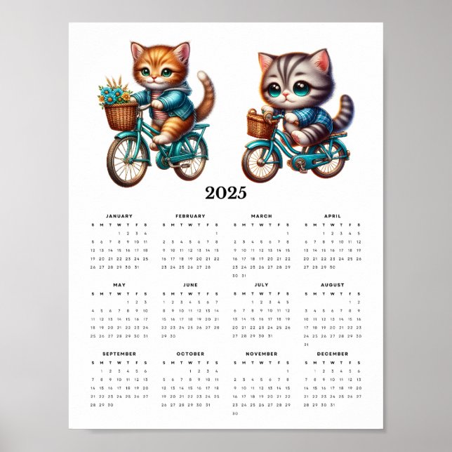 Two Kitty Cats Riding Bicycles 2025 Wall Calendar Poster (Front)