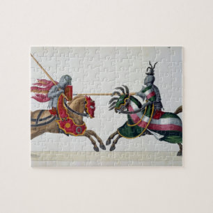 Two knights at a tournament, plate from 'A History Jigsaw Puzzle