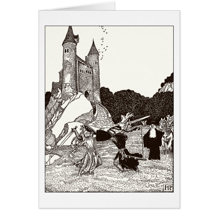 Two knights fighting before the castle greeting cards