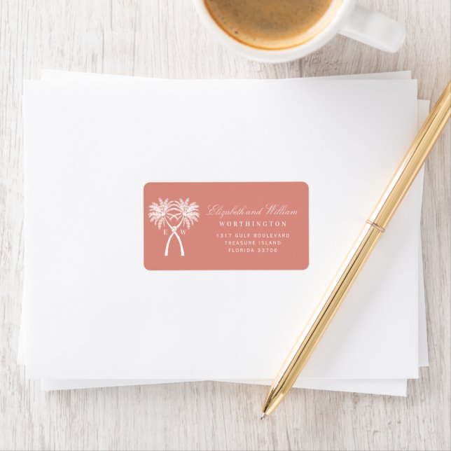 Two Knotted Palm Trees Tropical Wedding Address Label (Insitu)