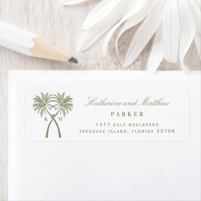 Two Knotted Palm Trees Tropical Wedding Address Label (Insitu)