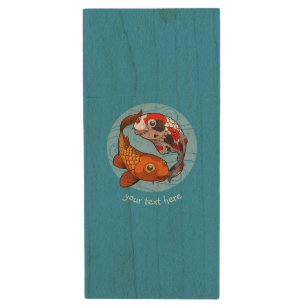 Two Koi Carp Fish Friends Swimming Cartoon Wood Flash Drive