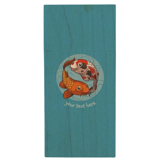 Two Koi Carp Fish Friends Swimming Cartoon Wood Flash Drive (Front Vertical)
