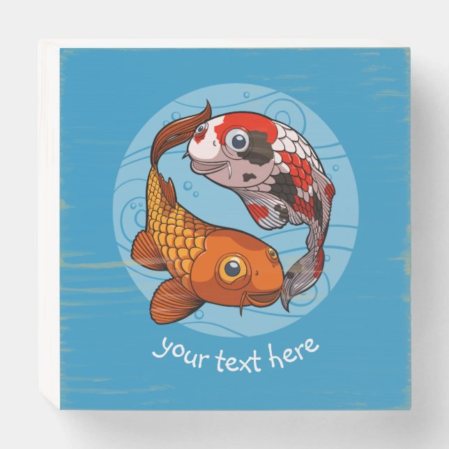 Two Koi Carp Fish Friends Swimming Cartoon Wooden Box Sign (Front Horizontal)