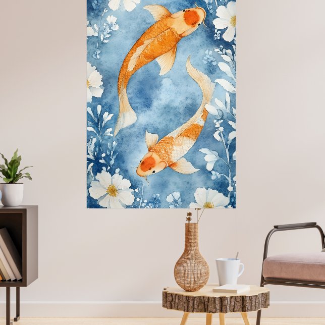 Two koi carp swimming among flowers.  poster (Living Room 3)