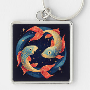 Two Koi Fish Swimming Under Starry Night Sky Keychain