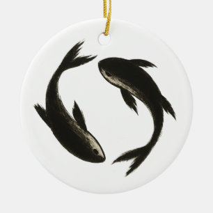 Two Koi – Ink Brush Fish on Ceramic Ornament