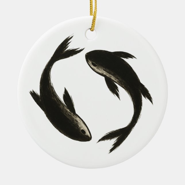 Two Koi – Ink Brush Fish on  Ceramic Ornament (Front)