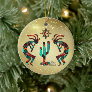 Two Kokoplelli Playing The Flute Ceramic Ornament