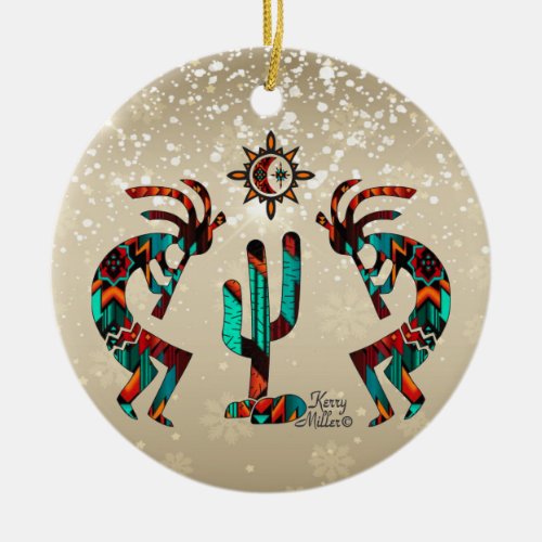 Two Kokoplelli Playing The Flute Ceramic Ornament