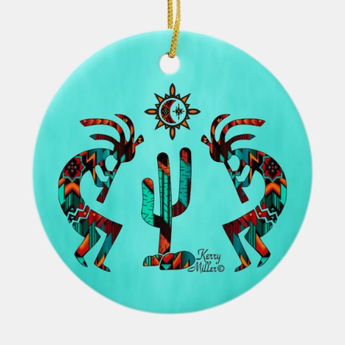 Two Kokoplelli Playing The Flute Ceramic Ornament