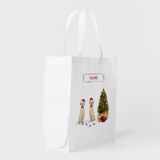 Two Labrador Retrievers Funny Christmas Dog Grocery Bag (Front Side)