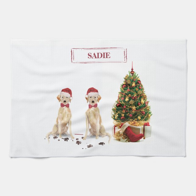Two Labrador Retrievers Funny Christmas Dog Kitchen Towel (Horizontal)