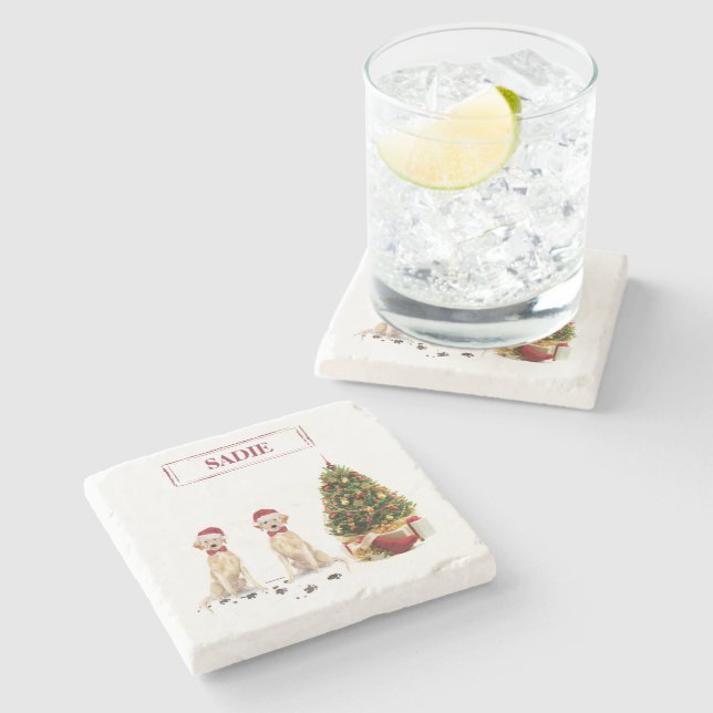 Two Labrador Retrievers Funny Christmas Dog Stone Coaster (Side)