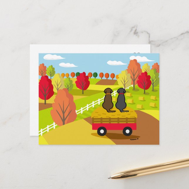 Two Labradors on the hay cart in Fall Postcard (Front/Back In Situ)