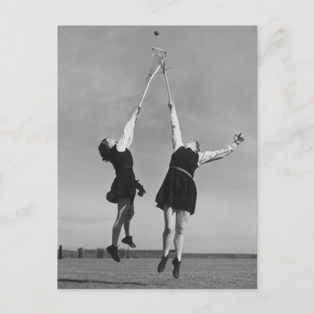 Two lacrosse players jump for the ball. postcard (Front)