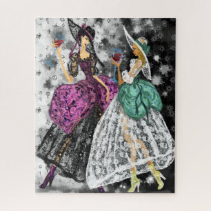 Two Ladies In Black and White Lace Dresses Fashion Jigsaw Puzzle
