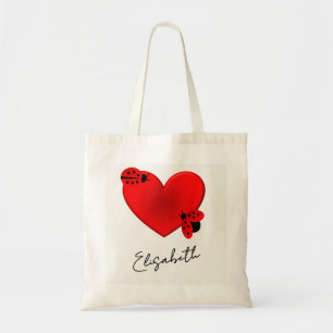 Two ladybugs on a Red Heart & Your Name Tote Bag