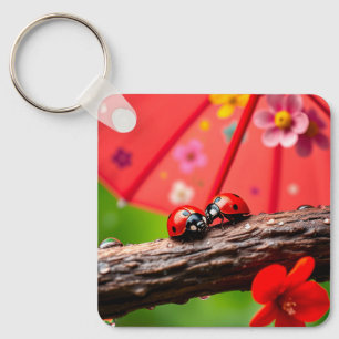 Two Ladybugs Resting on a Twig Keychain