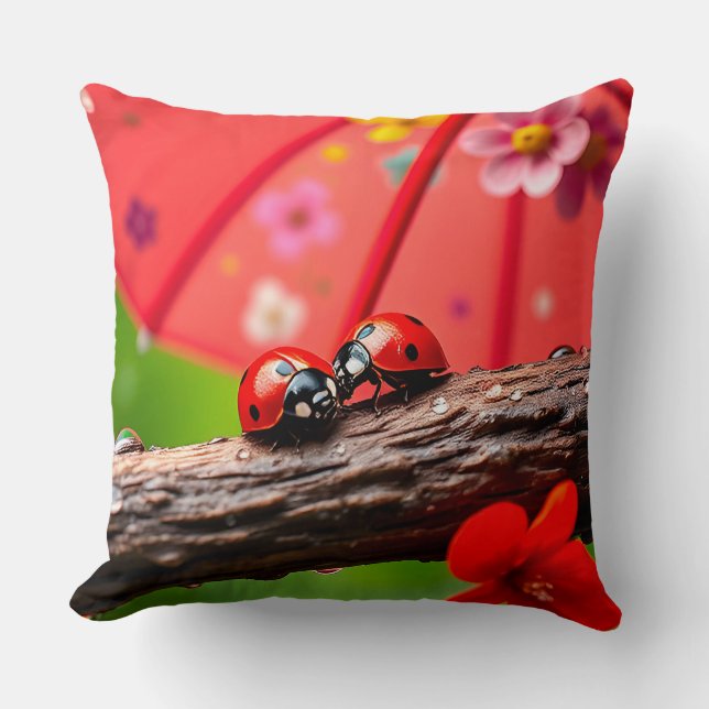 Two Ladybugs Resting on a Twig Throw Pillow (Front)