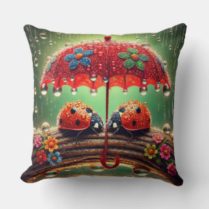Two Ladybugs Under a Decorative Umbrella Throw Pillow