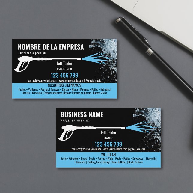 Two Languages Pressure Washing Power Washing Roof Business Card (pressure washing business cards in spanish and english language)