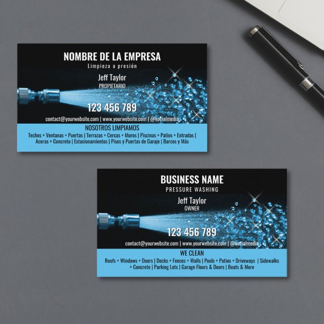 Two Languages Pressure Washing Power Washing Roof Business Card (A water hose spraying out diamonds instead of water, against a black background, high-resolution pho)