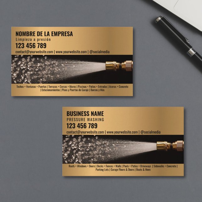 Two Languages Pressure Washing Power Washing Roof Business Card (A water hose spraying out diamonds instead of water, against a black background, high-resolution pho)