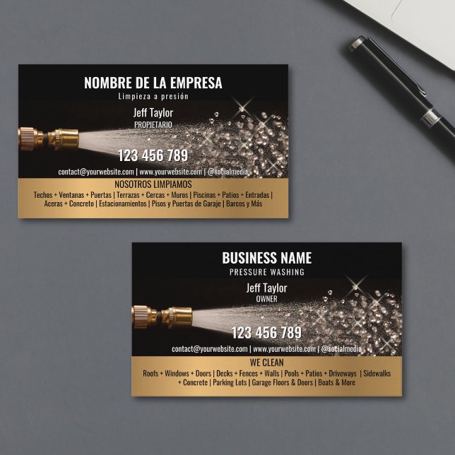 Two Languages Pressure Washing Power Washing Roof Business Card (A water hose spraying out diamonds instead of water, against a black background, high-resolution pho)
