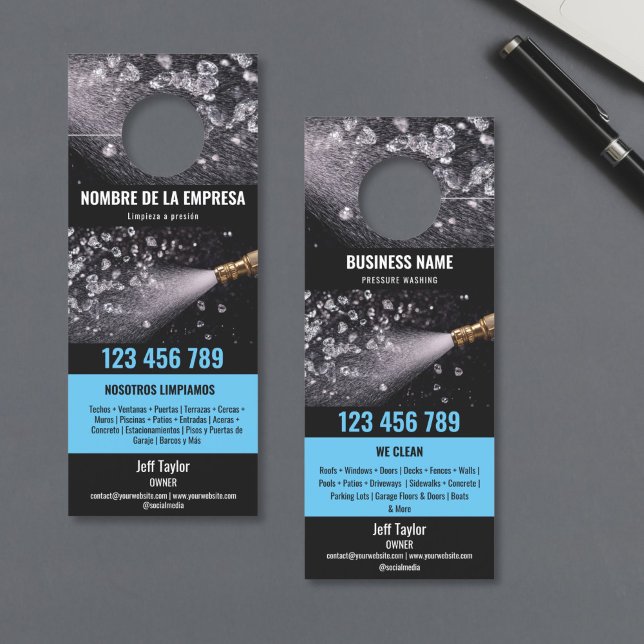 Two Languages Pressure Washing Power Washing Roof Door Hanger (pressure wash machine close look, diamonds in the water splash)