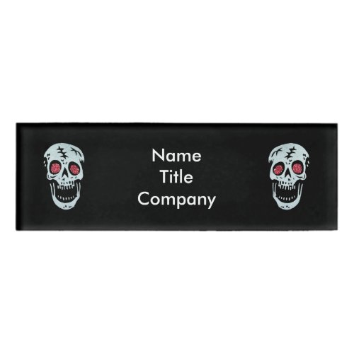 Two Laughing Cracked Skulls Glowing Red Eyes Name Tag