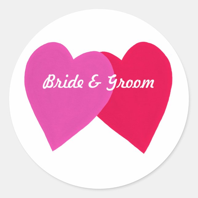 Two Leaning Hearts Red Pink Bride Groom Stickers (Front)