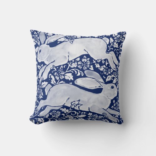 Two Leaping Rabbits Hares Blue Floral Pattern Throw Pillow