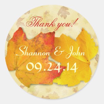 Two Leaves Fall Wedding Round Thank You Sticker by fallcolors at Zazzle