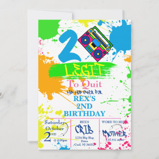 TWO LEGIT TO QUIT 2nd Birthday Colorful Invitation