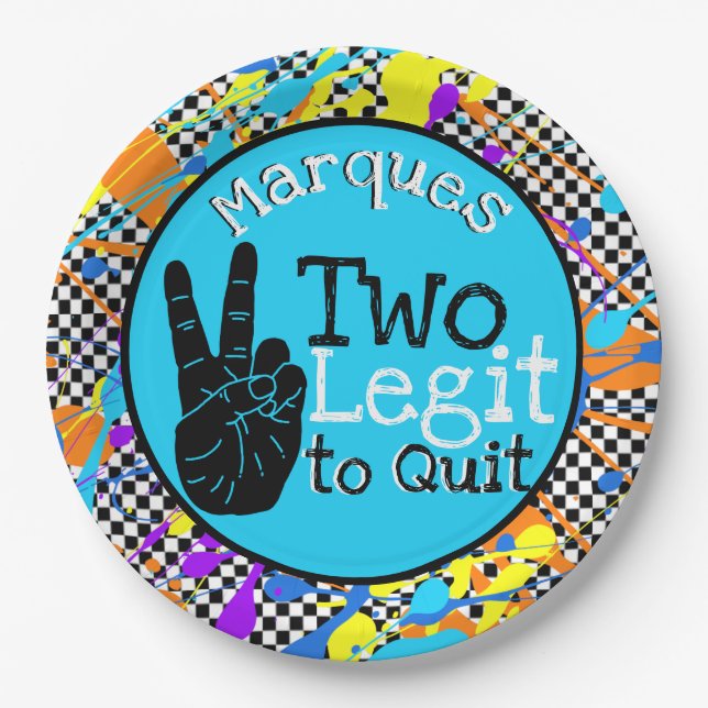 Two Legit to Quit| Retro 2nd Birthday Blue Paper Plates (Front)
