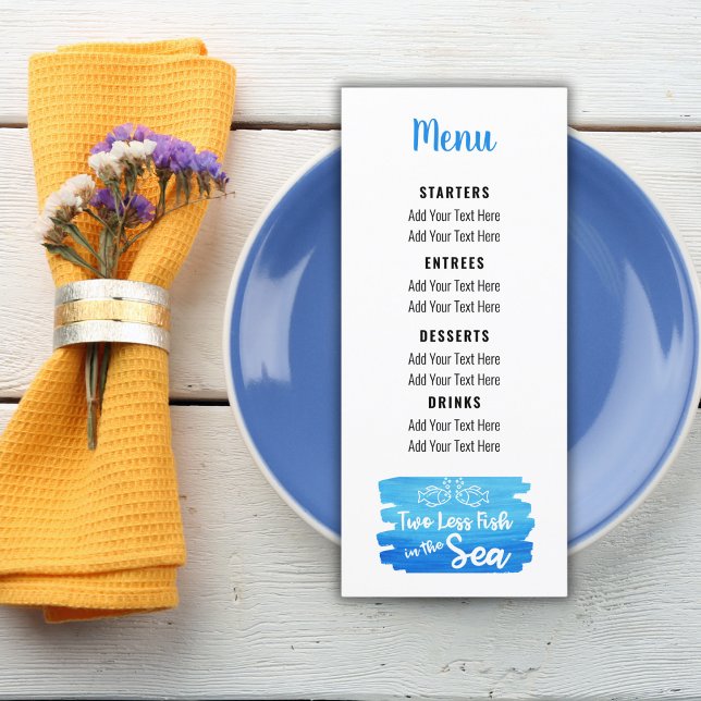 Two Less Fish in the Sea Coastal Beach Wedding Menu (two less fish in the sea whimsical casual wedding menu)
