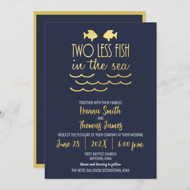 Two Less Fish in the Sea Navy Gold Elegant Wedding Invitation (Front/Back)
