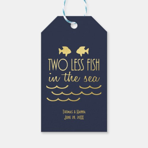 Two Less Fish in the Sea Navy Gold Wedding Gift Tags