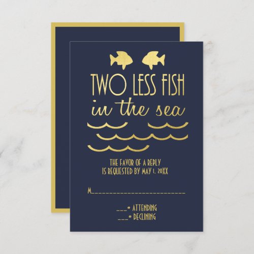 Two Less Fish in the Sea Royal Blue Gold Wedding RSVP Card