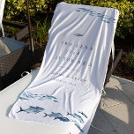 Two Less Fish in The Sea Wedding Favor Beach Towel<br><div class="desc">Our coastal chic design for summer weddings,  engagement parties or rehearsal dinners features a pair of blue watercolor fish breaking ranks with a school of smaller fish along the bottom. "Two less fish in the sea" appears in elegant navy blue lettering. Personalize with two lines of custom text.</div>