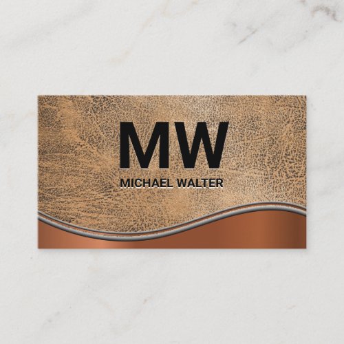 Two Letter Monogram Brown Leather Texture Business Card