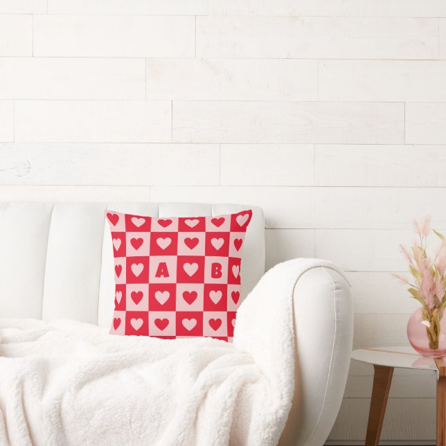 Two Letter Red and Pink Hearts Checkerboard Throw Pillow (Couch)