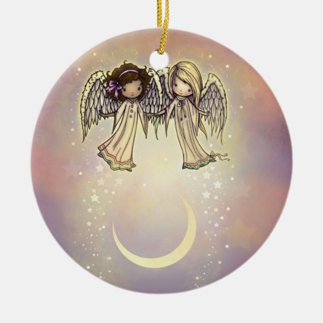 Two Little Angels on a Twinkling Night Art Ceramic Ornament (Front)