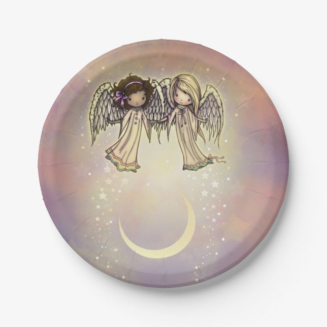 Two Little Angels on a Twinkling Night Art Paper Plates (Front)
