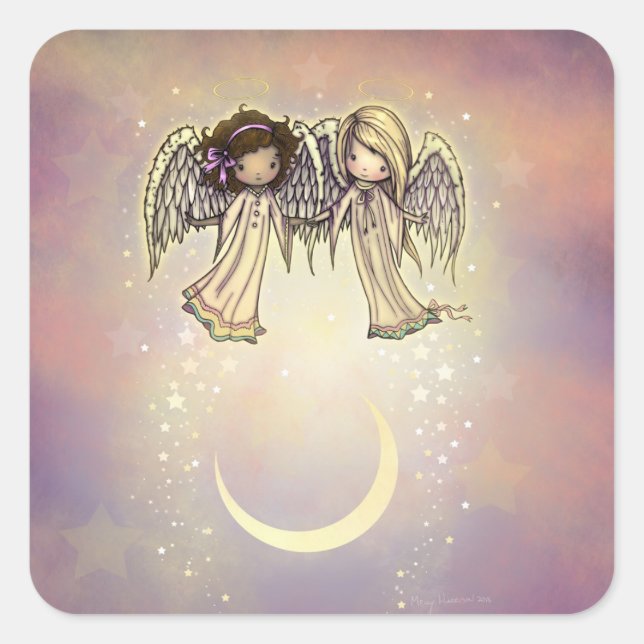 Two Little Angels on a Twinkling Night Art Square Sticker (Front)