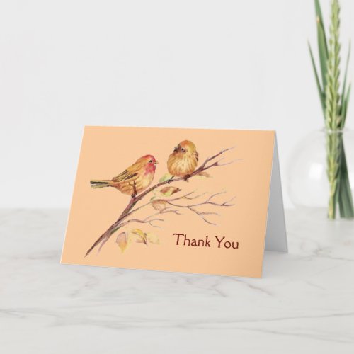 Two Little Bird Sparrows Peach Brown Rustic Nature Thank You Card