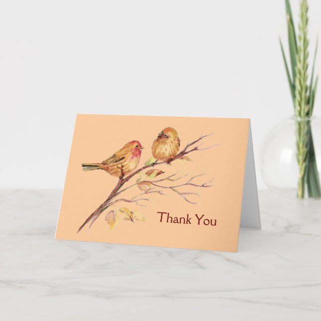 Two Little Bird Sparrows Peach Brown Rustic Nature Thank You Card (Front)