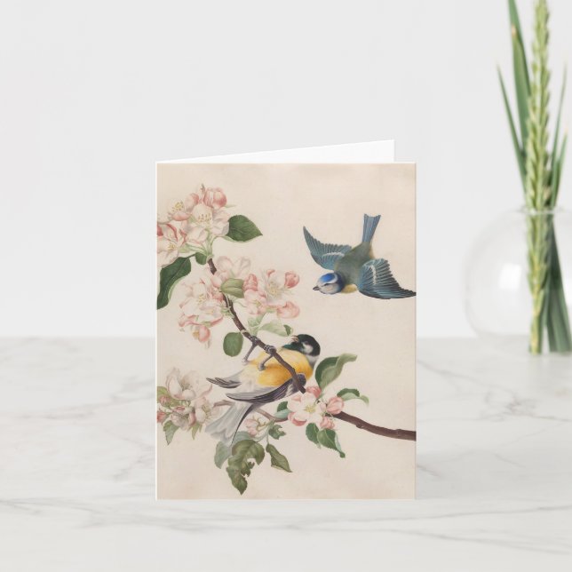 Two little birds near a branch of apple blossoms,  holiday card (Front)