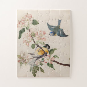 Two little birds near a branch of apple blossoms, jigsaw puzzle